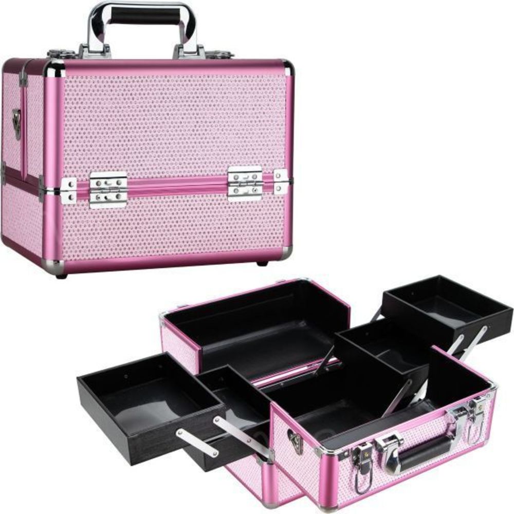 Pink Krystal 2-Tier Accordion Trays Cosmetics Case Professional Travel Makeup Or